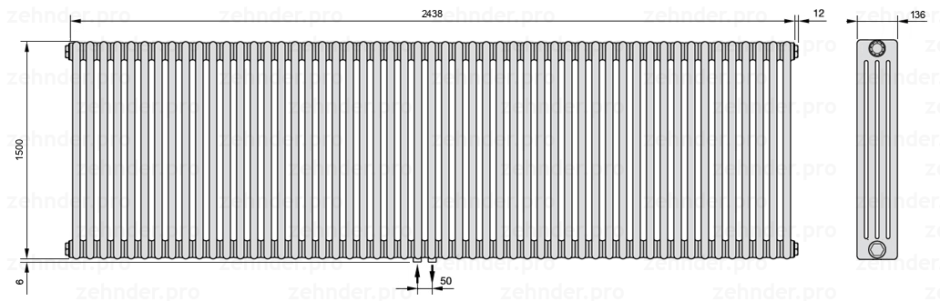 Схема (чертеж) Радиатор Zehnder Charleston 4150/53 №3470 Белый глянцевый RAL 9016